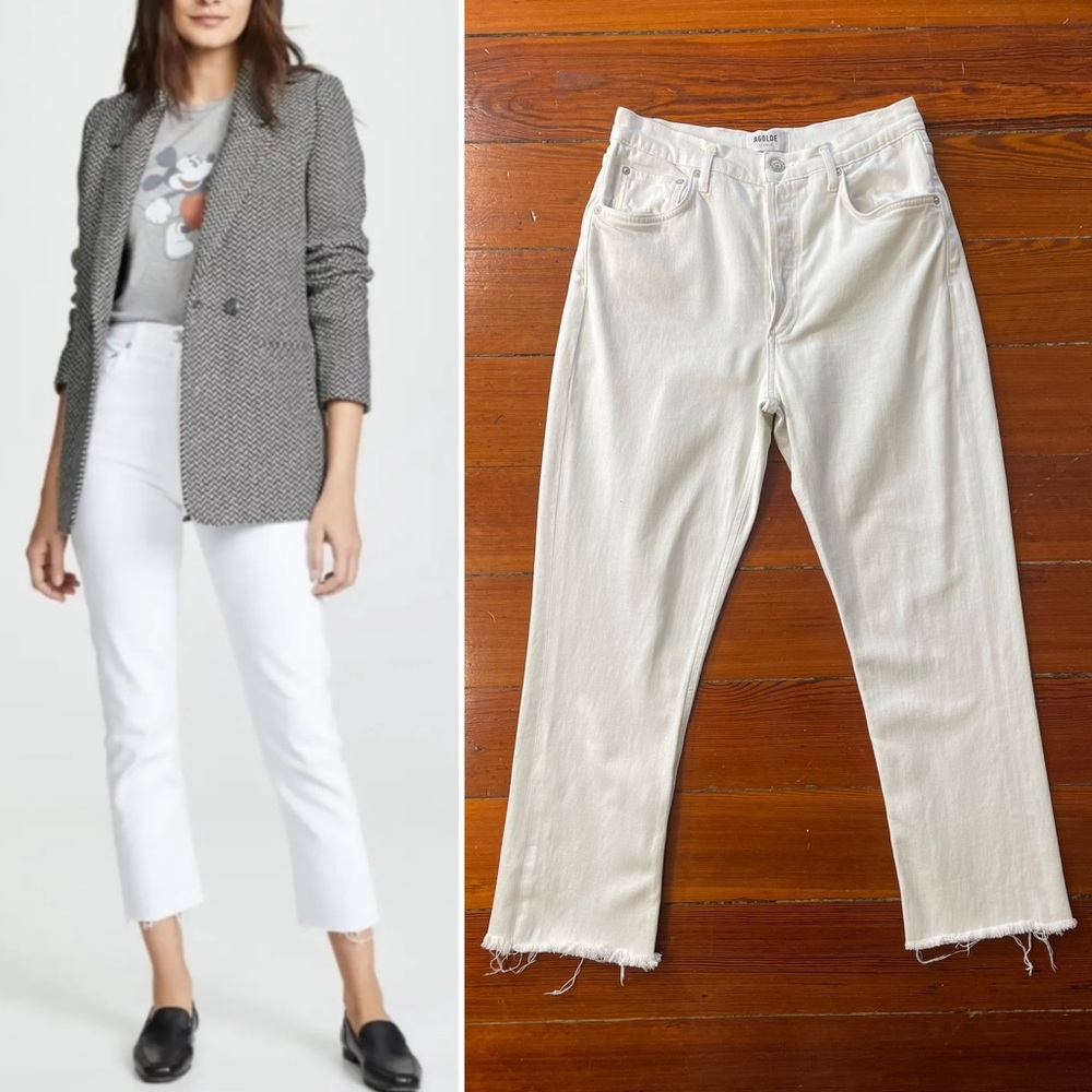 AGOLDE Riley High Rise Straight Crop Raw Hem Jeans in Blurred White - Sz 29